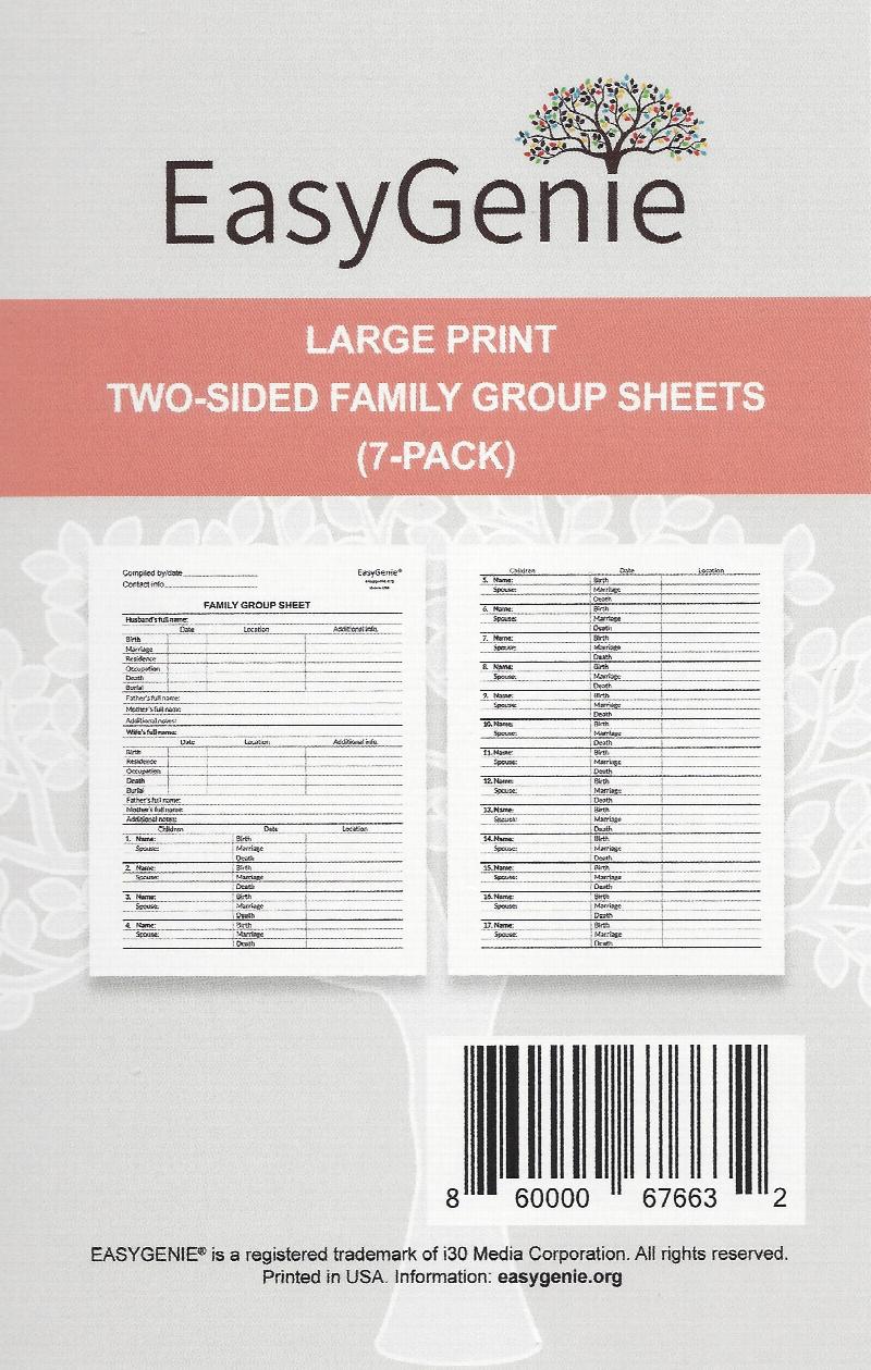Image for Easy Genie Large Print 2-sided Family Group Sheets  7 pack